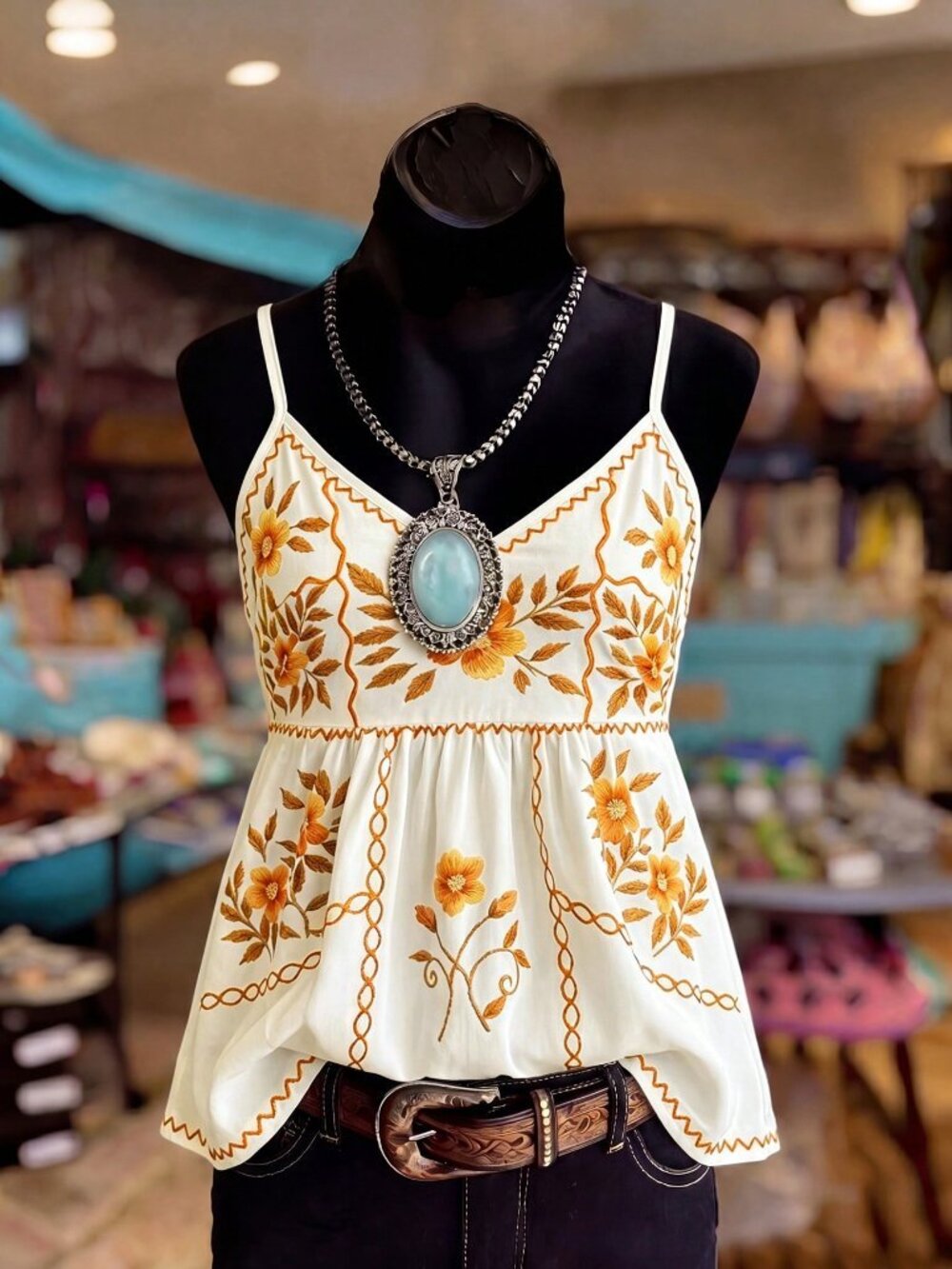 Yellow Boho Women's Round Neck Lantern Sleeve Embroidery Print A-Line